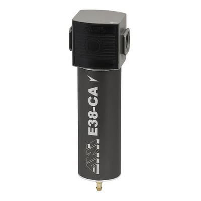FLAIR E38/C kulfilter med 1/2" tilslutning, viser den sorte cylinder med mærkning og grå top på hvid baggrund.