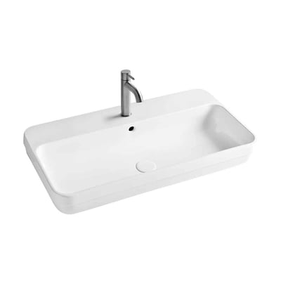 Hvid, firkantet Lavabo Legacy 80 håndvask i porcelæn, 800 x 420 mm, med hanehul, overløb og armatur.