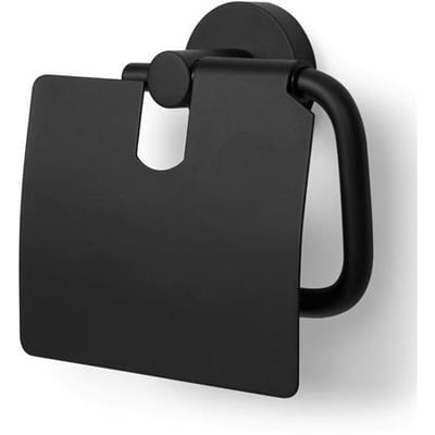 Elegant sort toiletrulleholder med låg og en buet holder, monteret på en cirkulær vægplade på hvid baggrund.