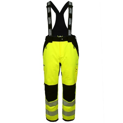Lyngsøe Rainwear vinterbukser full stretch i hi-vis gul og sort, str. L, set forfra med seler og refleksbånd.