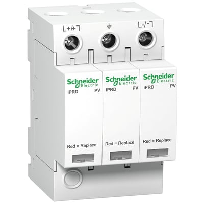 Schneider Electric Acti9 iPRD 40r overspændingsafleder med tre moduler, mærket L+/N, jord og L-/N, designet til 1000V.
