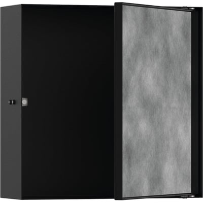 Hansgrohe vægniche i matsort med en åben, flisebar låge, der afslører et rustfrit stål interiør. Nichen måler 300x300x100 mm.