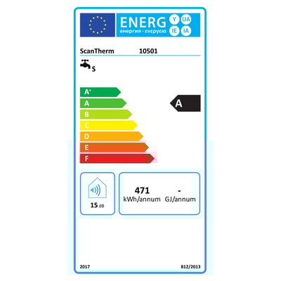 ScanTherm energimærke A for gennemstrømningsvandvarmer med lydniveau på 15 dB og 471 kWh/annum.