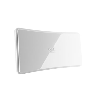 Tæt på af den hvide One For All SV 9421 indendørs antenne, der viser dens buede, blanke front og diskrete design.
