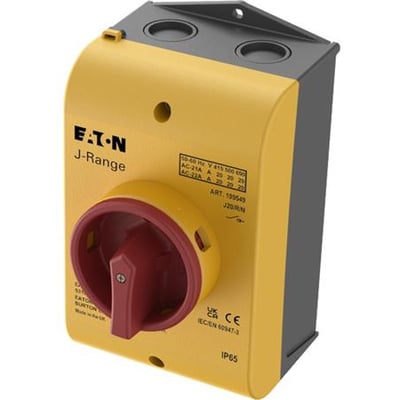 Eaton J-Range nødafbryder i sort og gul med rødt, aflåseligt håndtag og IP65-klassificering.