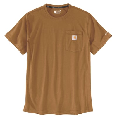 Brun Carhartt Force-lomme-t-shirt i str. XL set forfra med rund hals, korte ærmer og brystlomme.