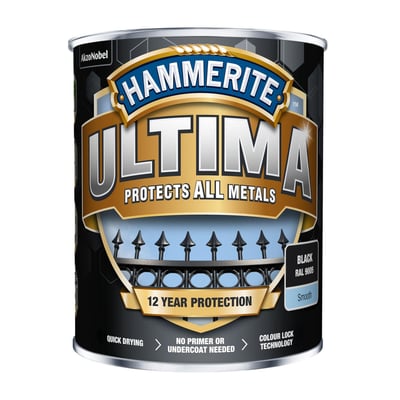 Hammerite Ultima sort RAL9005 750ml metalmaling, med 12 års beskyttelse og "Protects All Metals" slogan.