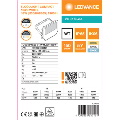 Teknisk grafik med stregtegning og specifikationer for Ledvance Floodlight Compact, en hvid projektør med multi lumen.