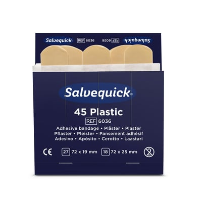 Salvequick plastplaster refill 6036 i mørkeblå emballage med beige plastre synlige øverst.