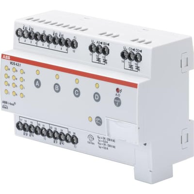 ABB KNX ventil kontroller VC/S 4.2.1 med 4 udgange, mærket med A, B, C, D og diverse terminaler på hvid baggrund.