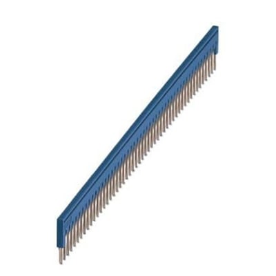 Phoenix Contact indlægsbro FBS 50-3,5 BU med 50 poler og 3,5 mm deling i blå plast og kobber på hvid baggrund.