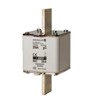 NH3 sikring med indikator, 800V, 315A i hvid keramik med metal-kontakter. Mærket M3GG315/800V og 200A.