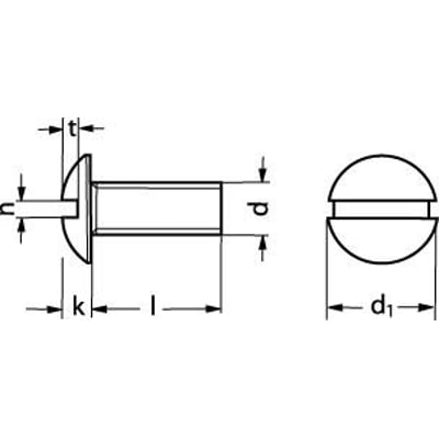 Teknisk tegning af en M4X8 A2 maskinskrue med fladt, rundt hoved og lige kærv, visende dimensioner.