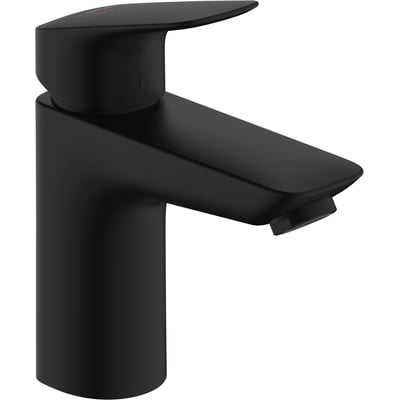 Nærbillede af Hansgrohe Logis 100 CoolStart håndvaskarmatur i mat sort, med et minimalistisk design og ergonomisk greb.