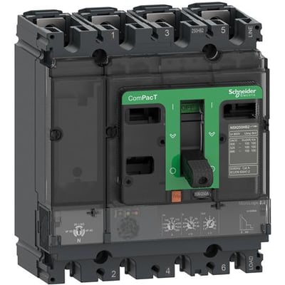 Schneider Electric ComPacT NSX160N 4-polet maksimalafbryder med MicroLogic 2.2 strømrelæ og 100A mærkestrøm.