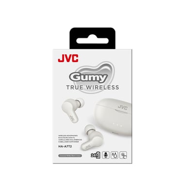 JVC Gumy True Wireless HA-A7T2 in-ear earbuds i hvid, vist i deres salgsemballage med produktnavn og ikon for 24 timers batteritid.