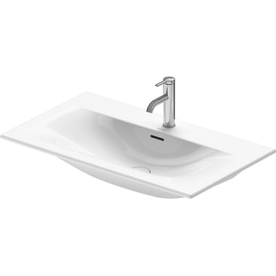 Duravit Viu hvid porcelænsvask 83x49 cm med krom vandhane og overløb, elegant og funktionelt design.