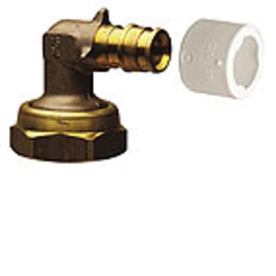 Uponor Q&E overgangsvinkel med omløber i afzinkningsfri messing, 18 mm til 3/4 tomme, med løs ring.