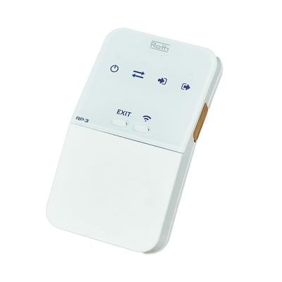 Overside af Roth Touchline SL repeater i hvid, med Roth logo, strømikon, signalkommunikationsikoner og EXIT-knap.