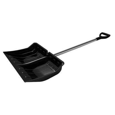 Ironside sneskovl med sort plastblad, aluminiumsskaft og ergonomisk D-håndtag, set skråt forfra.