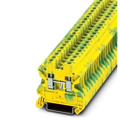 Nærbillede af Phoenix Contact Jordklemme UT 4-PE, der viser skrueterminalerne og monteringsklemmen til DIN-skinne.