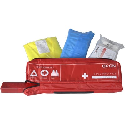 OX-ON 3 in 1 Safety kit Comfort med åben taske, der viser gul vest, blå pose og førstehjælpspakke.