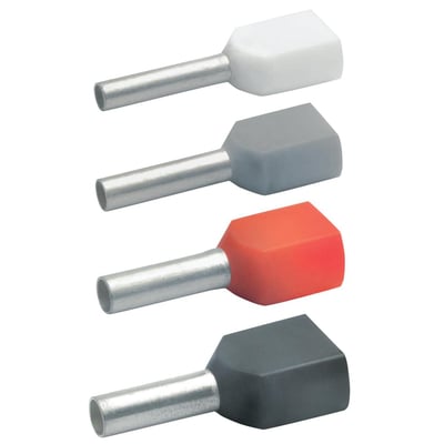 Klauke isoleret dobbelt terminalrør til 1,5 mm² ledere i fire forskellige farver: hvid, grå, rød og sort.