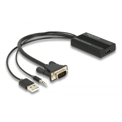 DeLock HDMI til VGA adapter med audio, sort, 25 cm kabellængde med USB strømstik og lydudgang.