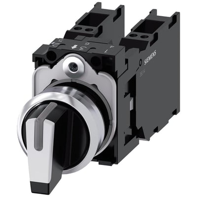 Siemens Sirius ACT vælgerkontakt i metal og hvid plast med 2x1NO - 1NC kontakter og fjederklemme, 22 mm diameter.