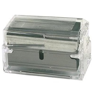 En gennemsigtig plastdispenser indeholdende 10 stk. Stanley glasskraber knivblade, 40 mm, klar til brug.