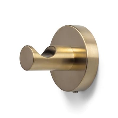 Elegant håndklædekrog i børstet guld finish, der monteres på væggen med en rund bagplade.