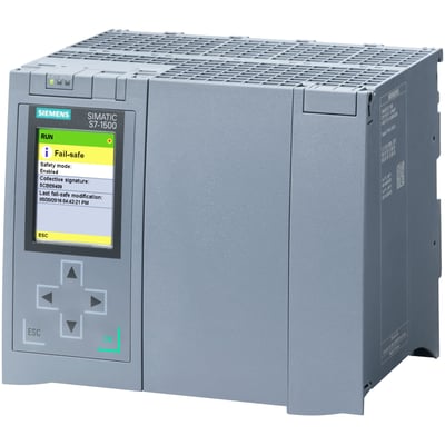 Siemens Simatic S7-1500TF CPU 1516TF-3 PN/DP enhed med touchskærm der viser 'Fail-safe' status og grå knapper.