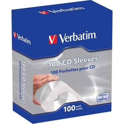 Verbatim papirlommer til 100 CD'er/DVD'er, 126mm x 126mm, vist i en blå pakke med transparent vindue, hvor en hånd holder en CD.