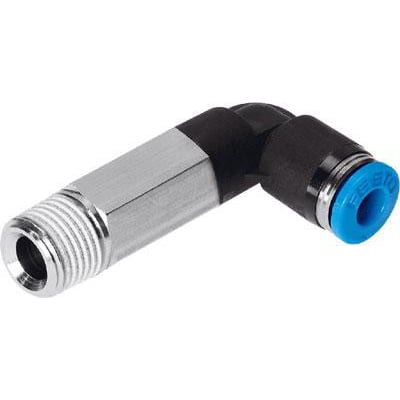 Festo vinkel-forskruning lang QSLL-3/8-10 med udvendigt gevind og push-in kobling, vist på hvid baggrund.