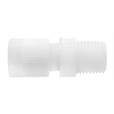 Hvid PVDF union med udvendigt gevind, 8/6 mm x 1/4'', viser en komplet kobling med glat rørforbindelse og gevind.
