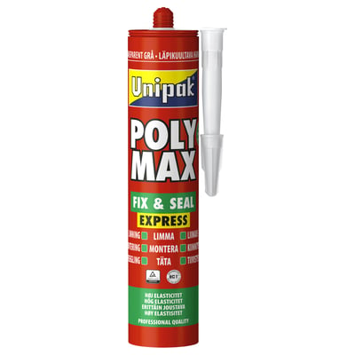 Unipak Poly Max Fix & Seal fugemasse og lim i transparent grå, 300 g, vist i rød tube med hvid dyse ved siden af.