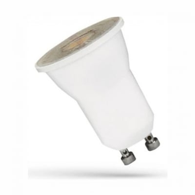 SpectrumLED mini GU10 LED-pære på 2 W med linse, set skråt forfra med den hvide krop og de to fatningsben synlige.