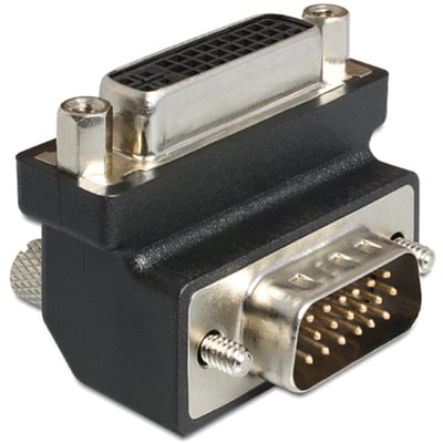 DeLOCK DVI-A til VGA vinklet adapter med 24+5-pin hun og 15-pin han stik i sort plast med metalbeslag.