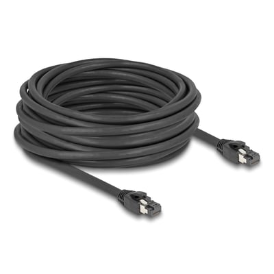 Sort Delock RJ45 netværkskabel Cat.8.1 S/FTP på 10 meter, spoleret op med stik i hver ende, på hvid baggrund.