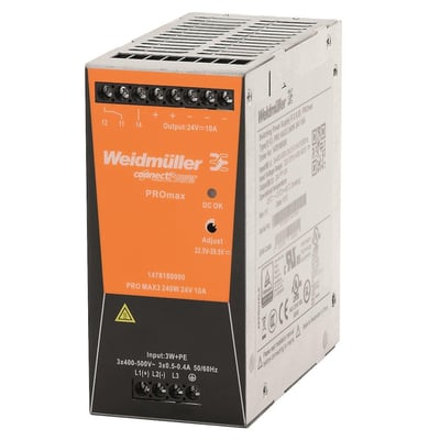 Detaljeret visning af Weidmüller Pro Max3 strømforsyningens frontpanel, der viser mærkater med specifikationer, LED-indikatorer og justeringsmuligheder.