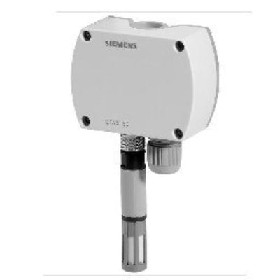 Siemens QFA3160 rumføler til fugt- og temperaturmåling med DC 0-10V output, hvidt kabinet med grå sensorprobe.