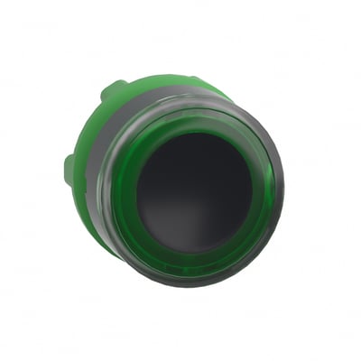 Schneider Electric ZB5 lampetrykhoved med grøn LED-ring og mørk centerdel, vist fra oven på hvid baggrund.