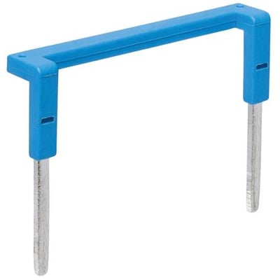 Blå jumper til sokkel GZP4, med to metalstifter og et blåt plastikhus, der forbinder A1/A2 eller common.