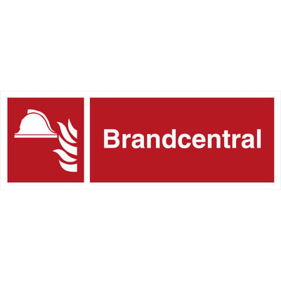 Brandcentral skilt i refleks aluminium med hvid tekst og symbol, størrelse 105 x 297 mm.