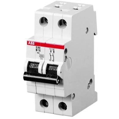 ABB S200 automatsikring, 10 A med C-karakteristik, set skråt forfra med hvidt hus, sort betjeningsgreb og rød mærkestrimmel.