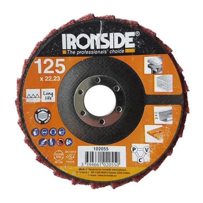 Ironside polerrondel, 125 x 22 mm, medium, set forfra med orange mærkat, rød slibekant og centerhul.