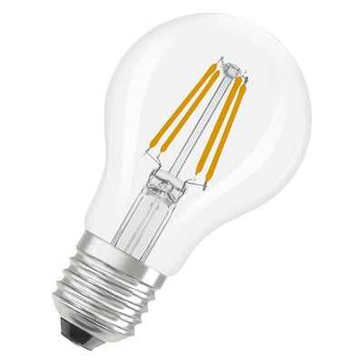 Klar LED standardpære med synlig filament og E27-fatning, 3,4W og 470 lumen.