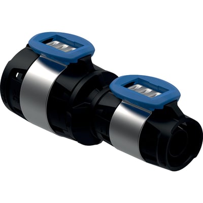Geberit FlowFit reduktion 25x20mm i sort PPSU med blå låseclips og sølvfarvede beslag på hvid baggrund.