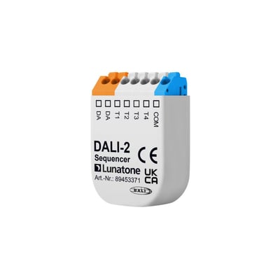 Jumitech DALI-2 sequencer i hvid plast med orange, hvide og blå terminaler, CE-mærke og DALI-logo.