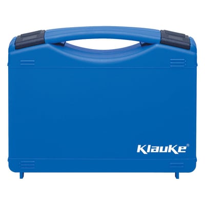 Klauke plastkuffert til presseindsatser serie 22 i blå med bærehåndtag og logo på hvid baggrund.